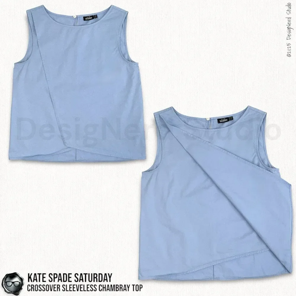 VINTAGE KATE SPADE SATURDAY CROSSOVER SLEEVELESS POPLIN SHIRT IN CHAMBRAY BLUE